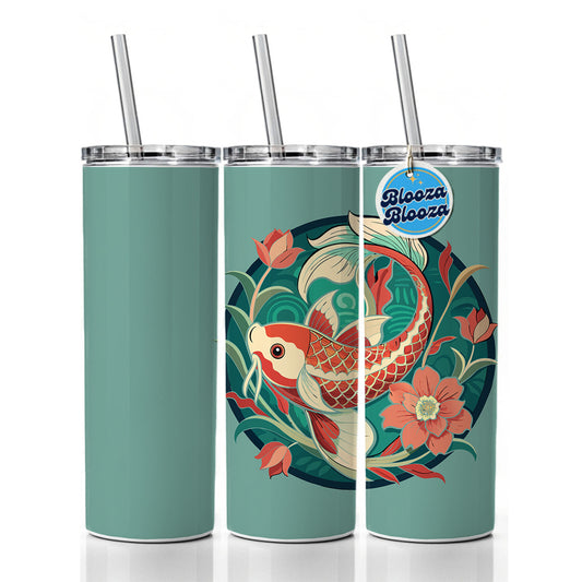 Koi Fish Floral Art Nouveau Flowers Elegant Skinny Tumbler 20oz with Straw Insulated Water Bottle Gift