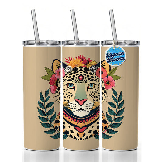Leopard Head Floral Flowers Skinny Tumbler 20oz with Straw Insulated Water Bottle Gift