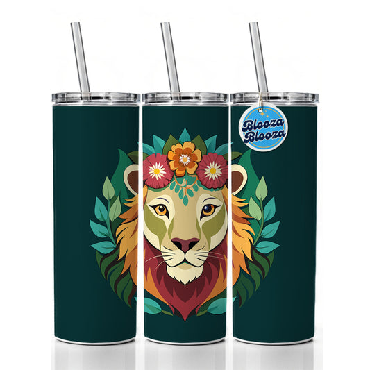Lion Head Floral Flowers Skinny Tumbler 20oz with Straw Insulated Water Bottle Gift
