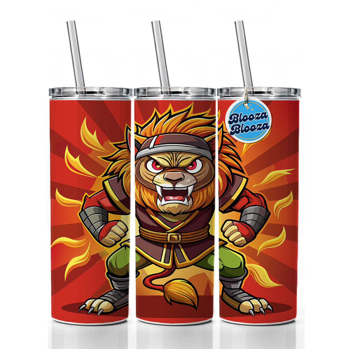 Lion Ninja Fighting Warrior Skinny Tumbler 20oz with Straw Insulated Water Bottle Gift