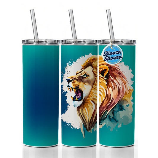 Lion Roaring Male Profile Watercolor Skinny Tumbler 20oz with Straw Insulated Water Bottle Gift