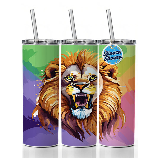Lion Roaring Male Watercolor Skinny Tumbler 20oz with Straw Insulated Water Bottle Gift