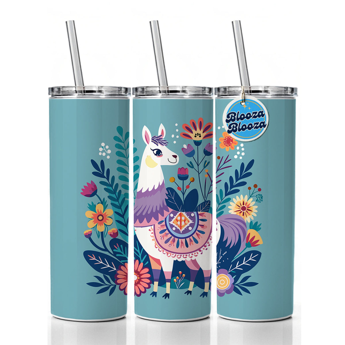 Llama Alpaca Floral Flowers Skinny Tumbler 20oz with Straw Insulated Water Bottle Gift