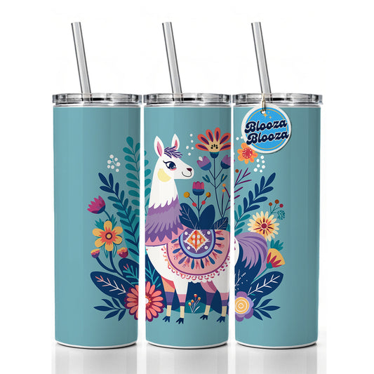 Llama Alpaca Floral Flowers Skinny Tumbler 20oz with Straw Insulated Water Bottle Gift