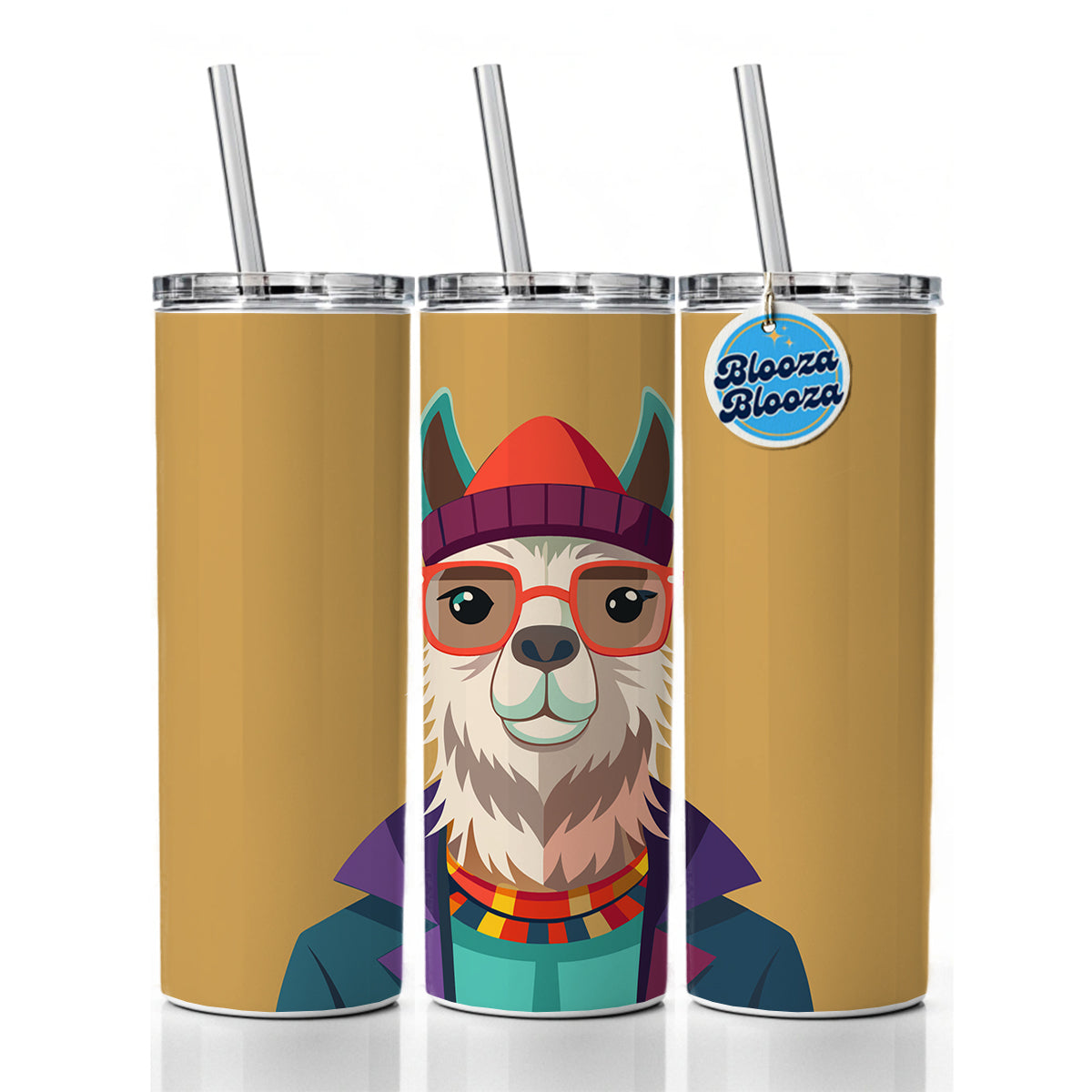 Llama Hipster Funny Wearing Glasses Hat Skinny Tumbler 20oz with Straw Insulated Water Bottle Gift