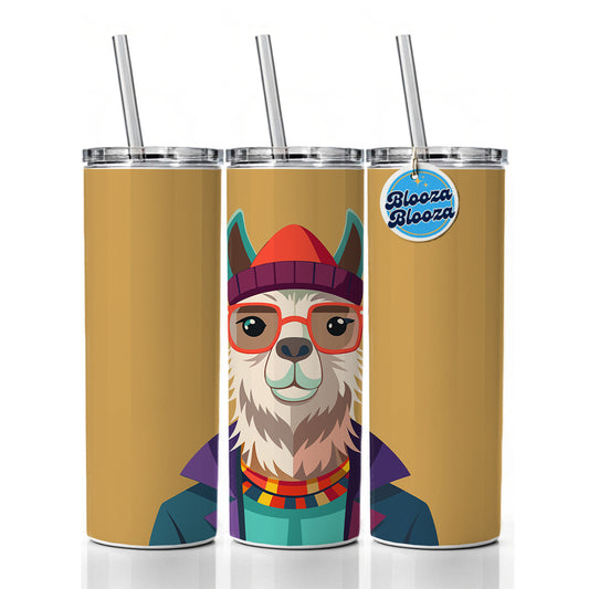 Llama Hipster Funny Wearing Glasses Hat Skinny Tumbler 20oz with Straw Insulated Water Bottle Gift