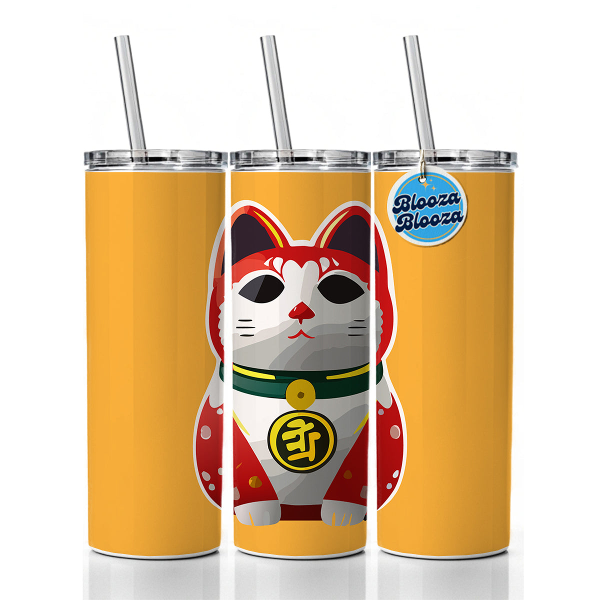 Maneki Neko Lucky Cat Skinny Tumbler 20oz with Straw Insulated Water Bottle Gift
