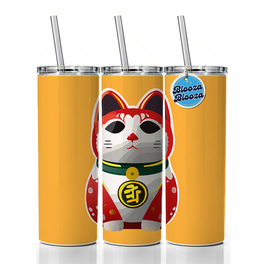Maneki Neko Lucky Cat Skinny Tumbler 20oz with Straw Insulated Water Bottle Gift