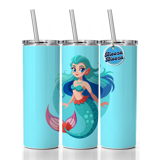Mermaid with Blue Hair Skinny Tumbler 20oz with Straw Insulated Water Bottle Gift