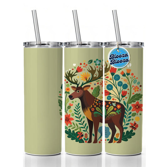Moose Floral Flowers Skinny Tumbler 20oz with Straw Insulated Water Bottle Gift