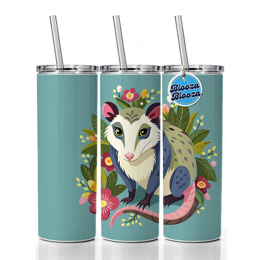 Opossum Floral Flowers Skinny Tumbler 20oz with Straw Insulated Water Bottle Gift