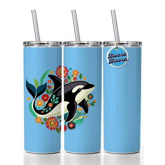 Orca Whale Floral Flowers Skinny Tumbler 20oz with Straw Insulated Water Bottle Gift
