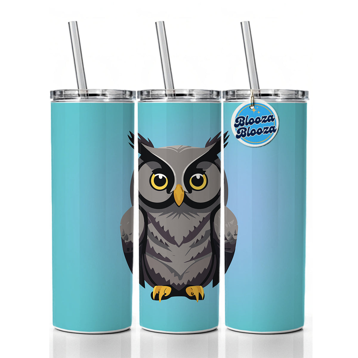 Owl Gray Staring Skinny Tumbler 20oz with Straw Insulated Water Bottle Gift