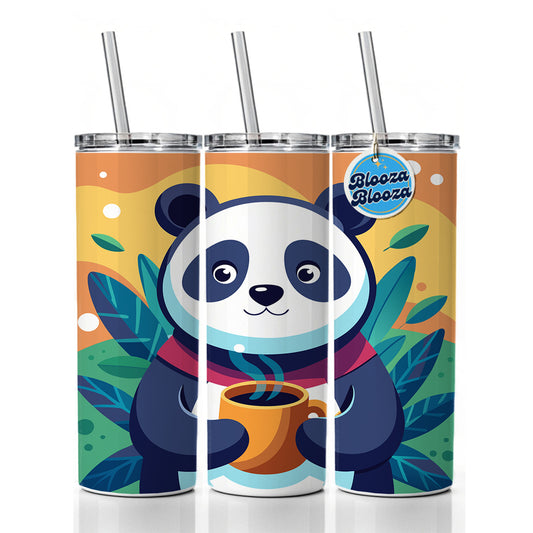 Panda Drinking Coffee Skinny Tumbler 20oz with Straw Insulated Water Bottle Gift