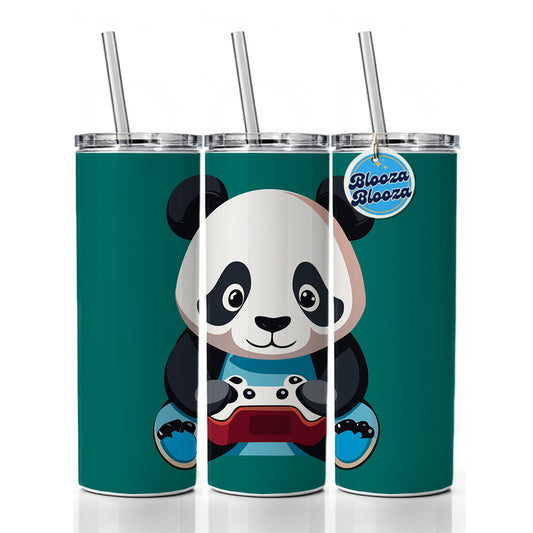 Panda Gaming Gamer Playing Video Game Skinny Tumbler 20oz with Straw Insulated Water Bottle Gift