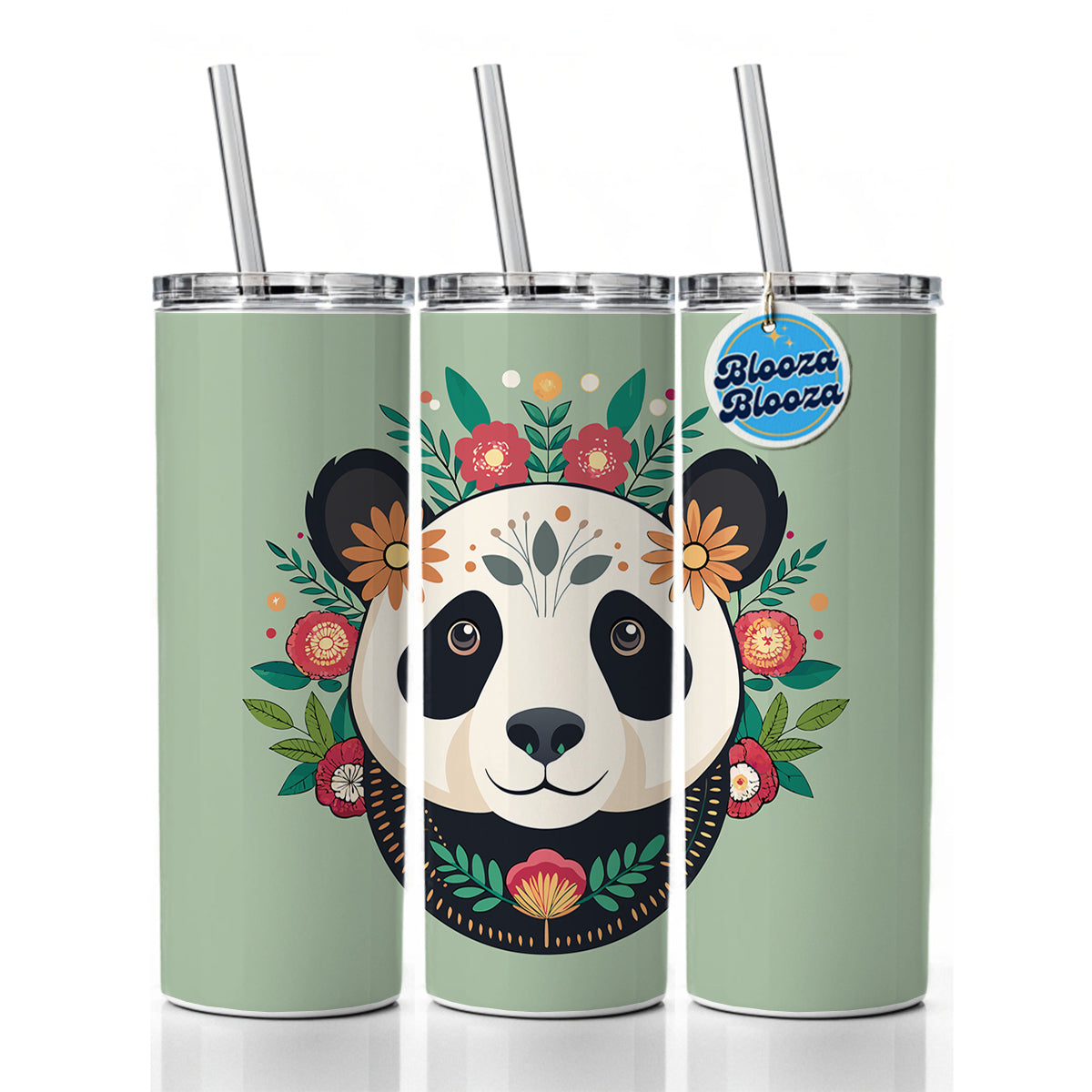 Panda Head Floral Flowers Skinny Tumbler 20oz with Straw Insulated Water Bottle Gift