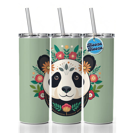 Panda Head Floral Flowers Skinny Tumbler 20oz with Straw Insulated Water Bottle Gift