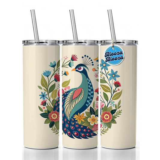 Peacock Floral Flowers Skinny Tumbler 20oz with Straw Insulated Water Bottle Gift
