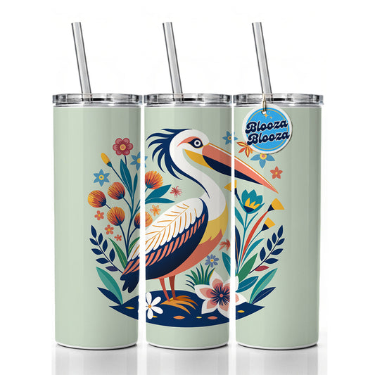 Pelican Bird Floral Flowers Skinny Tumbler 20oz with Straw Insulated Water Bottle Gift