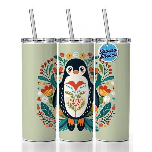 Penguin Floral Flowers Skinny Tumbler 20oz with Straw Insulated Water Bottle Gift