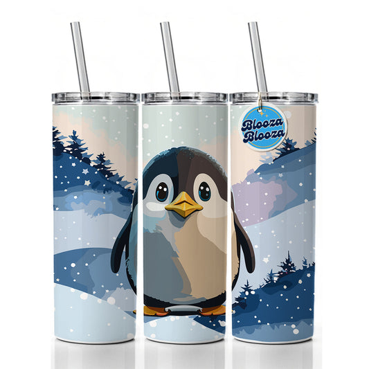 Penguin Staring Skinny Tumbler 20oz with Straw Insulated Water Bottle Gift