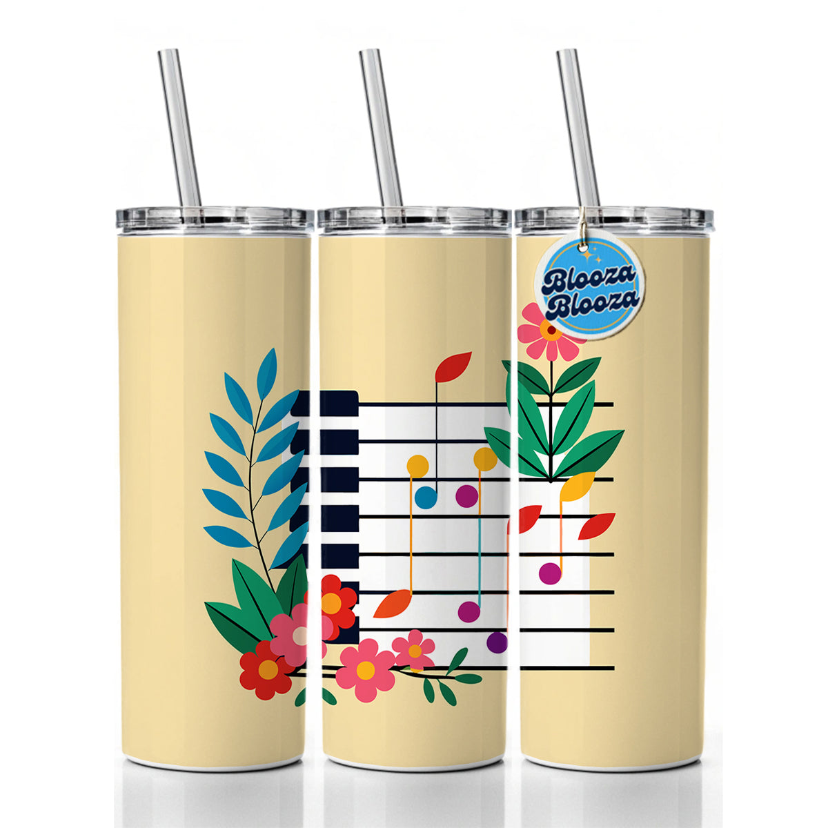 Piano Music Floral Motif Skinny Tumbler 20oz with Straw Insulated Water Bottle Gift