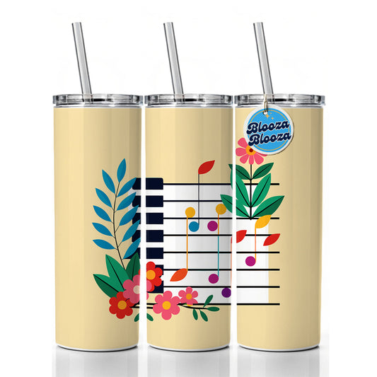 Piano Music Floral Motif Skinny Tumbler 20oz with Straw Insulated Water Bottle Gift