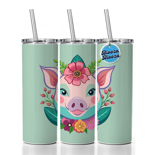 Pig Head Floral Flowers Skinny Tumbler 20oz with Straw Insulated Water Bottle Gift