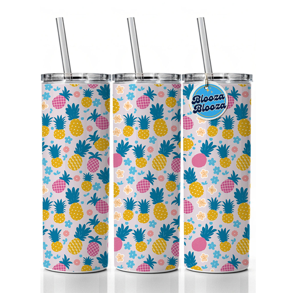 Pineapples Tropical Flowers Pattern Skinny Tumbler 20oz with Straw Insulated Water Bottle Gift