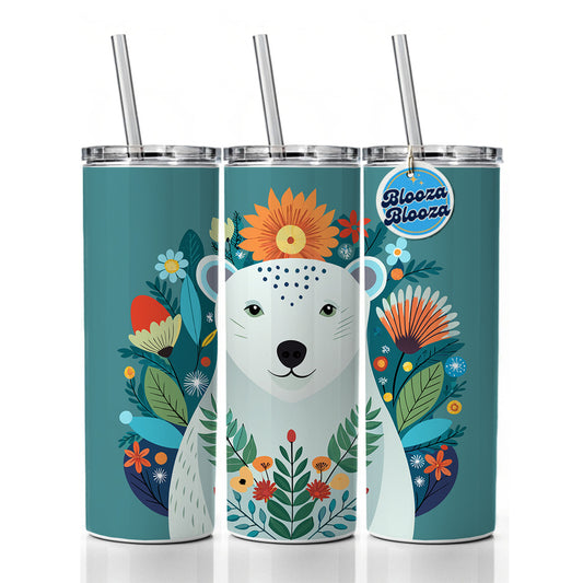 Polar Bear Floral Flowers Skinny Tumbler 20oz with Straw Insulated Water Bottle Gift