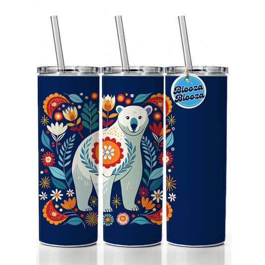 Polar Bear Floral Motif Skinny Tumbler 20oz with Straw Insulated Water Bottle Gift