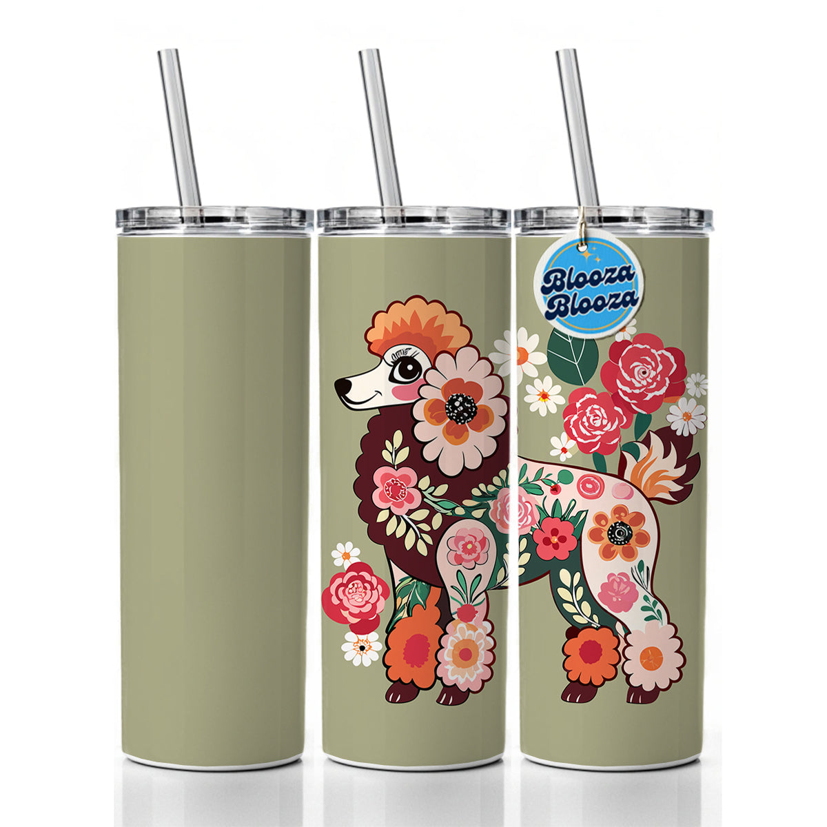 Poodle Dog Floral Motif Skinny Tumbler 20oz with Straw Insulated Water Bottle Gift