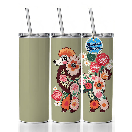 Poodle Dog Floral Motif Skinny Tumbler 20oz with Straw Insulated Water Bottle Gift