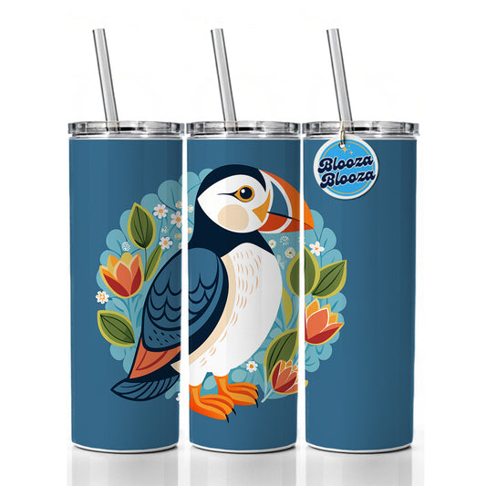 Puffin Bird Floral Flowers Skinny Tumbler 20oz with Straw Insulated Water Bottle Gift
