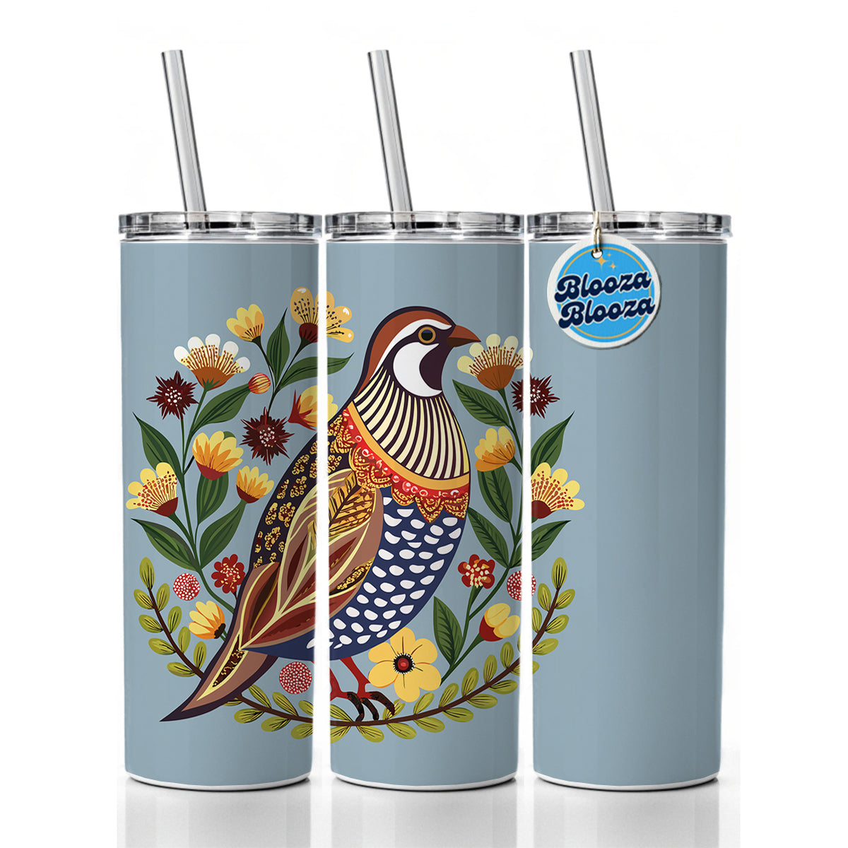 Quail Bird Floral Flowers Skinny Tumbler 20oz with Straw Insulated Water Bottle Gift