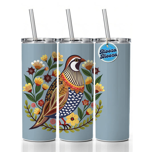 Quail Bird Floral Flowers Skinny Tumbler 20oz with Straw Insulated Water Bottle Gift