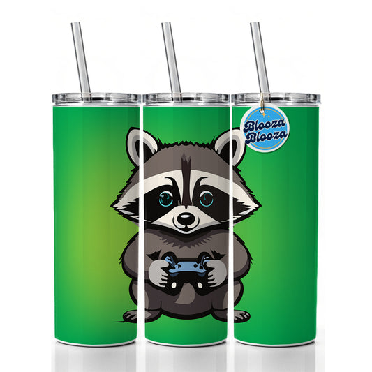 Raccoon Gamer Gaming Playing Game Skinny Tumbler 20oz with Straw Insulated Water Bottle Gift