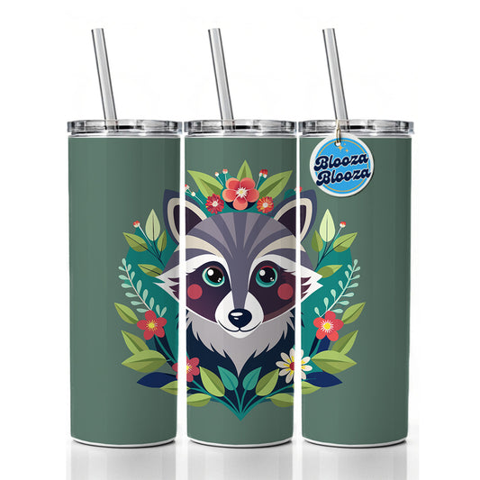 Raccoon in Floral Wreath Skinny Tumbler 20oz with Straw Insulated Water Bottle Gift