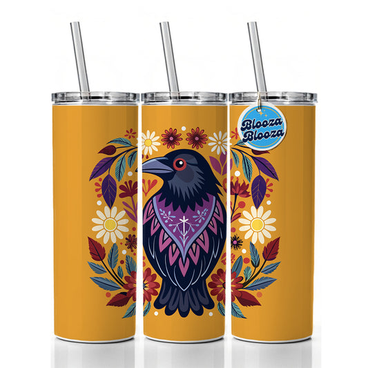 Raven Bird Floral Flowers Skinny Tumbler 20oz with Straw Insulated Water Bottle Gift