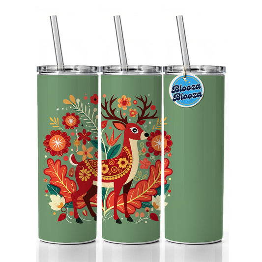 Reindeer Floral Flowers Skinny Tumbler 20oz with Straw Insulated Water Bottle Gift