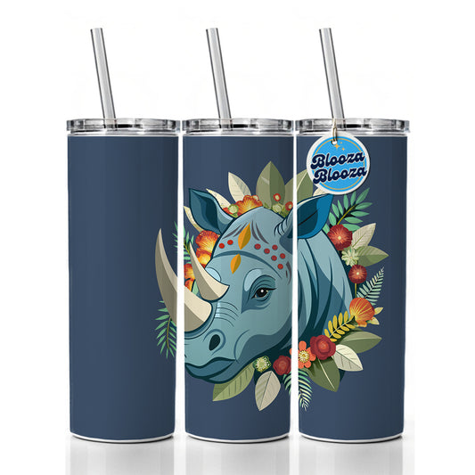 Rhinoceros Head Floral Flowers Skinny Tumbler 20oz with Straw Insulated Water Bottle Gift