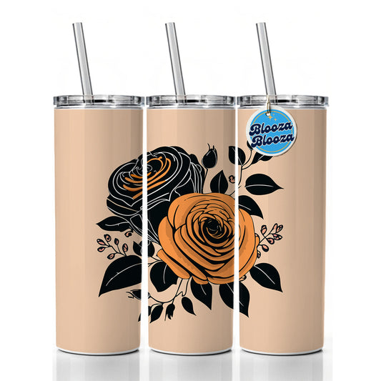 Roses Black Orange Fall Autumn Thanksgiving Halloween Motif Skinny Tumbler 20oz with Straw Insulated Water Bottle Gift
