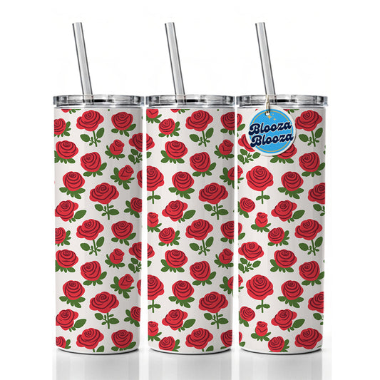 Roses Flowers Red Cute Pattern Skinny Tumbler 20oz with Straw Insulated Water Bottle Gift