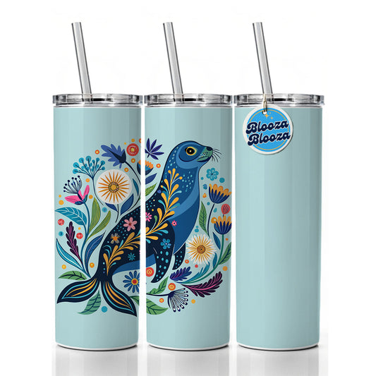 Sea Lion Floral Flowers Skinny Tumbler 20oz with Straw Insulated Water Bottle Gift