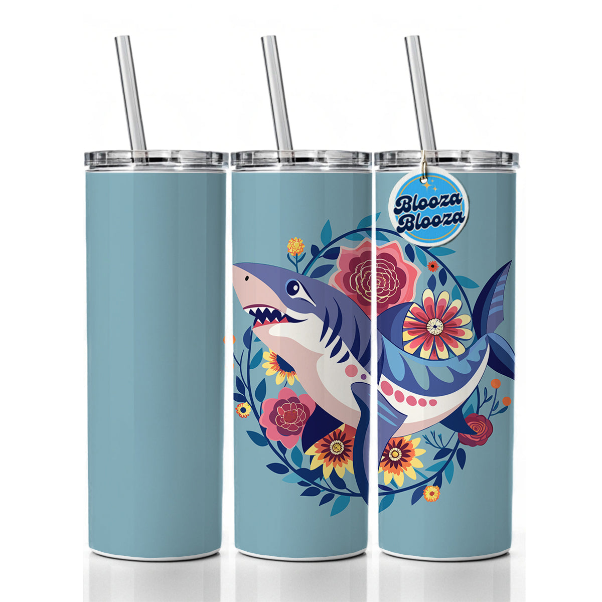 Shark Floral Flowers Skinny Tumbler 20oz with Straw Insulated Water Bottle Gift