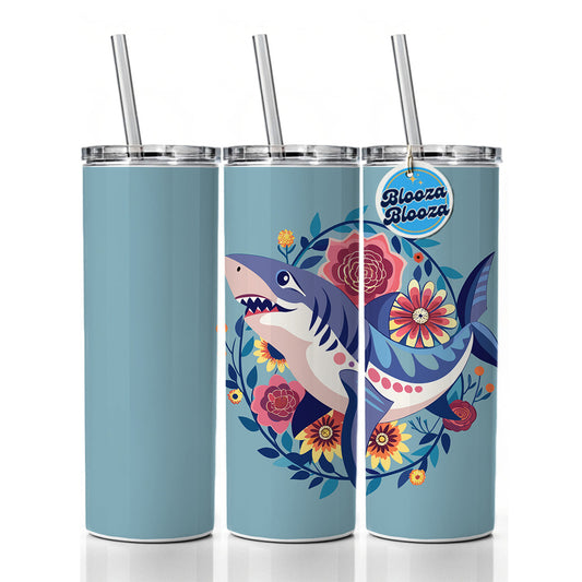 Shark Floral Flowers Skinny Tumbler 20oz with Straw Insulated Water Bottle Gift