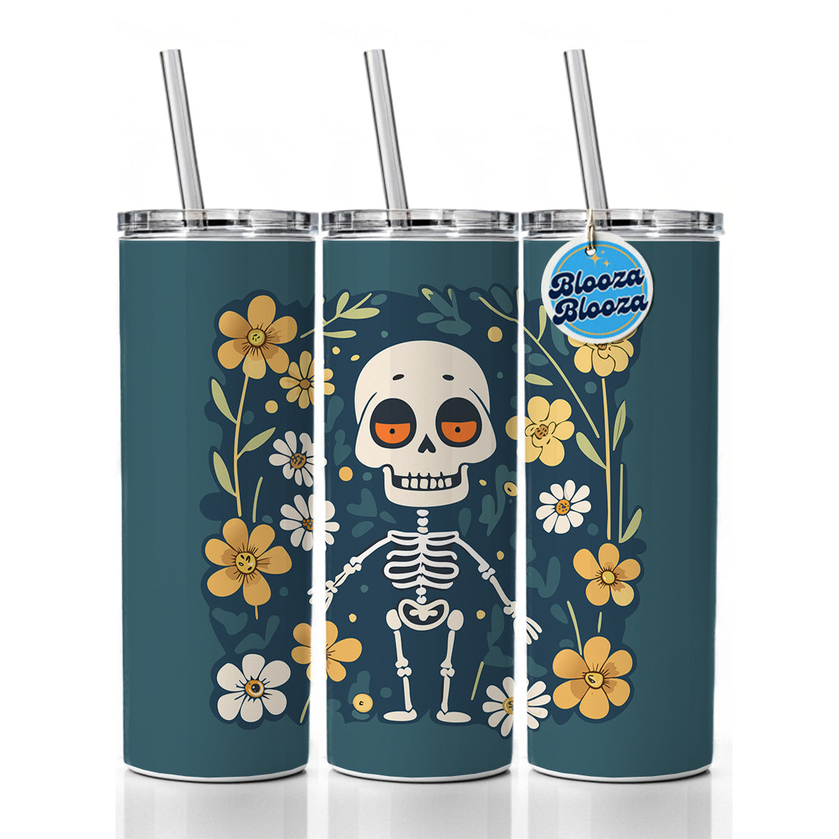 Skeleton and Flowers Funny Halloween Skinny Tumbler 20oz with Straw Insulated Water Bottle Gift