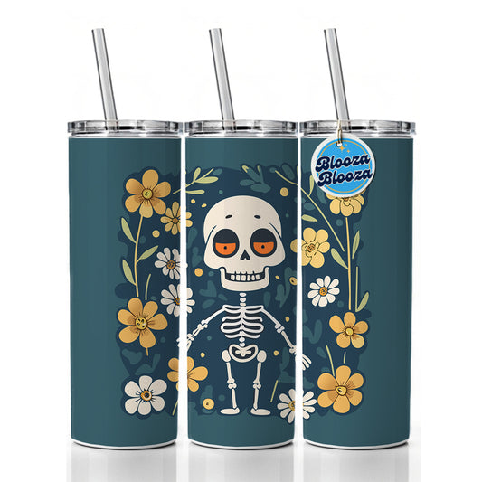 Skeleton and Flowers Funny Halloween Skinny Tumbler 20oz with Straw Insulated Water Bottle Gift
