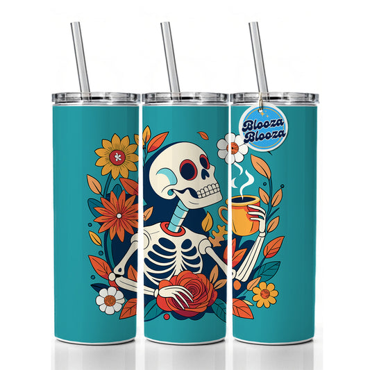 Skeleton Drinking Coffee Funny Floral Flowers Skinny Tumbler 20oz with Straw Insulated Water Bottle Gift