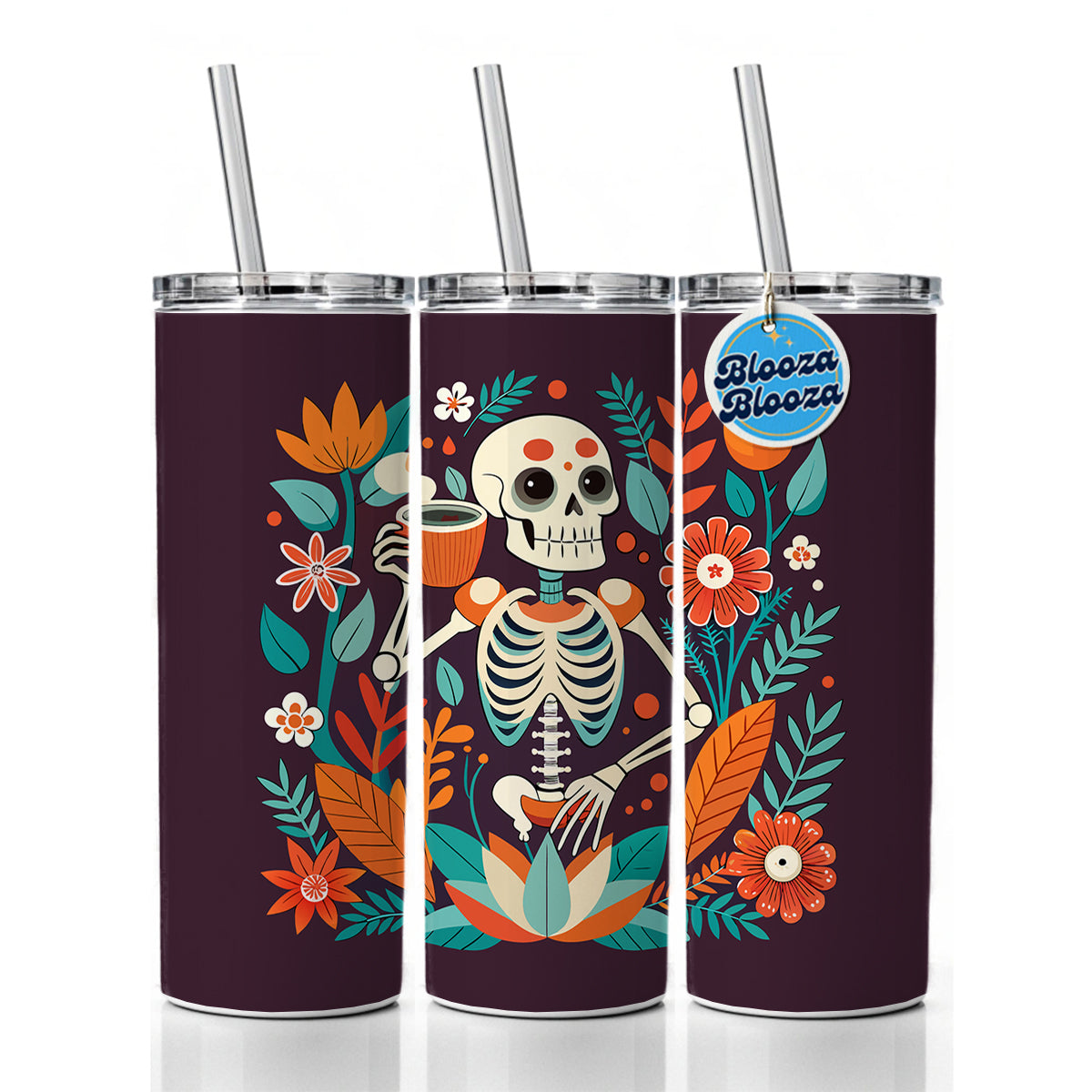 Skeleton Drinking Tea Funny Floral Flowers Skinny Tumbler 20oz with Straw Insulated Water Bottle Gift